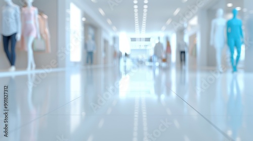 A group of people walk through a mall with a lot of clothing on display