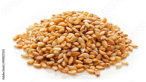 Close-up of Organic White Sesame seeds (Sesamum indicum) or white Til with shell in white ceramic bowl with the gradient background of White Sesame seeds. Close-up of Organic White Sesame seed
