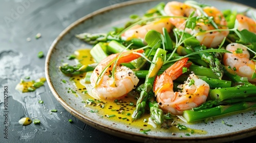 Green asparagus salad featuring steamed tips and sliced prawns drizzled with passion fruit vinaigrette elegantly presented on a Nordic Design plate with ample text space