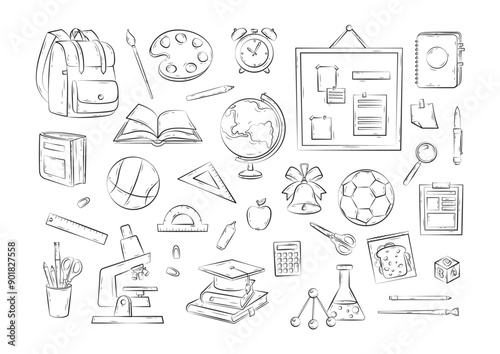 Set of school supplies. Vector hand drawn icons of school supplies with backpack, stickers, globe, pencils, brushes, alarm clock, sport ball, stacks of books, notebook. Back to school in doodle style