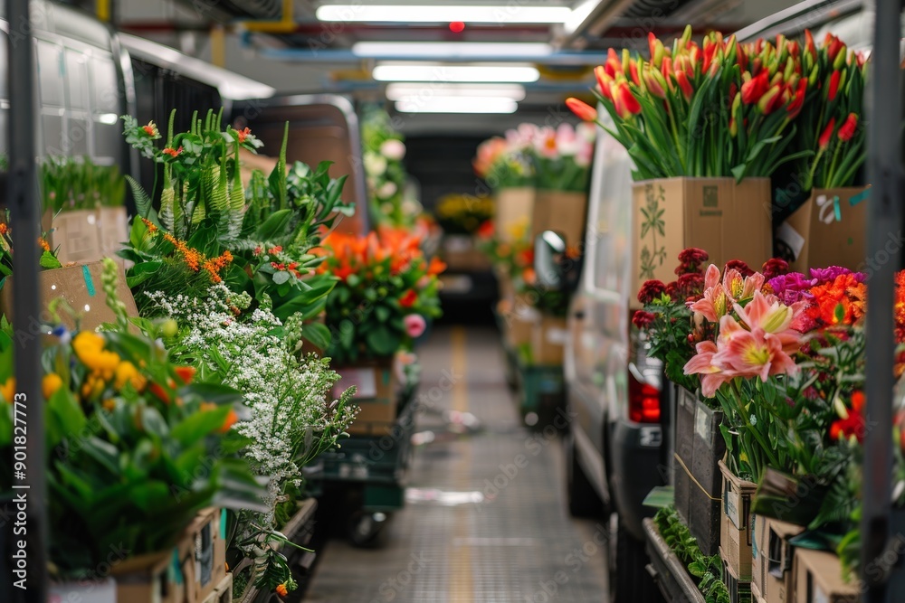 Naklejka premium Online Flower Delivery Logistics: Vans Loaded with Fresh Bouquets Ready for Shipment