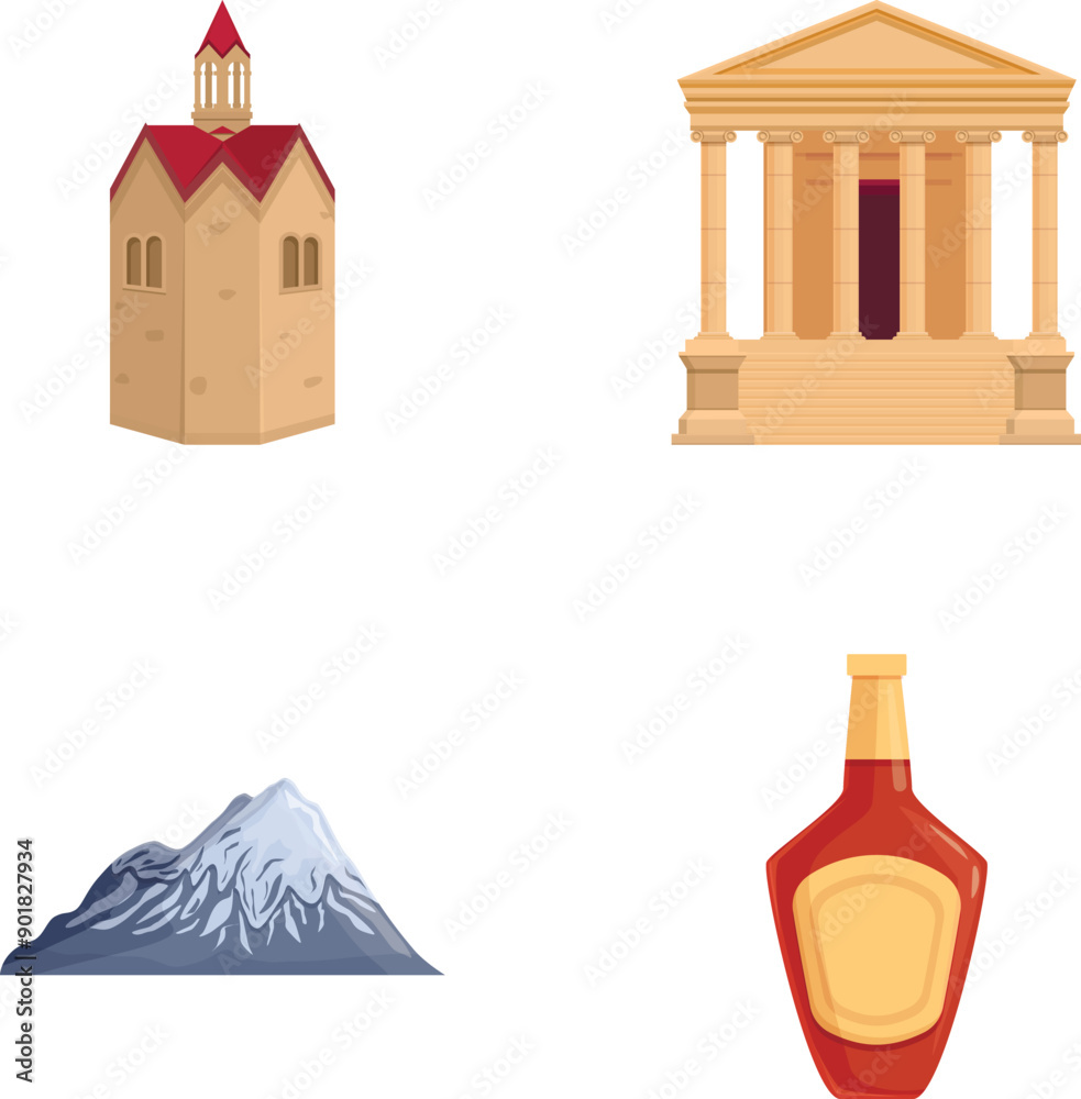 Naklejka premium Armenia landmark icons set cartoon vector. Various symbol of armenia. Travel concept