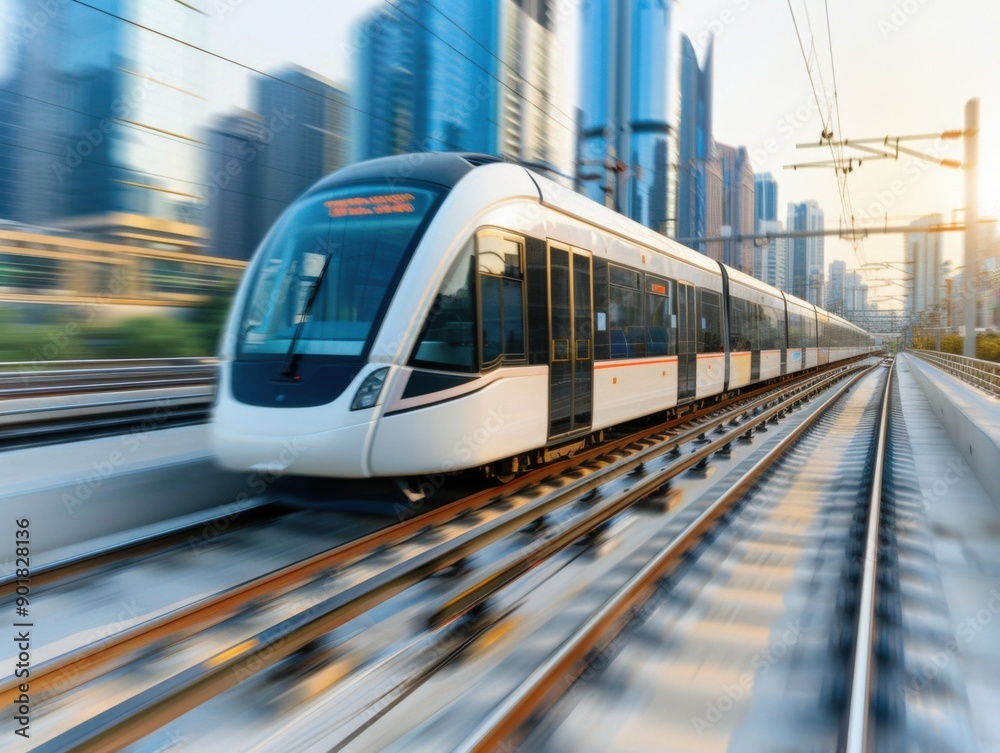 Naklejka premium A modern high-speed train traveling through a futuristic city showcasing advancements in transportation technology