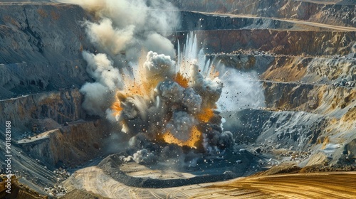 Explosive operation in an open pit mine photo