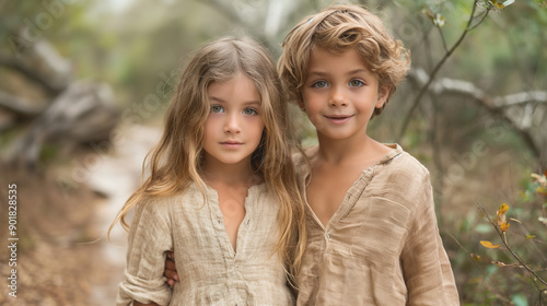 A telephoto angle photo of a boy and girl in linen attire, exploring a forest trail hand in hand, with copy space