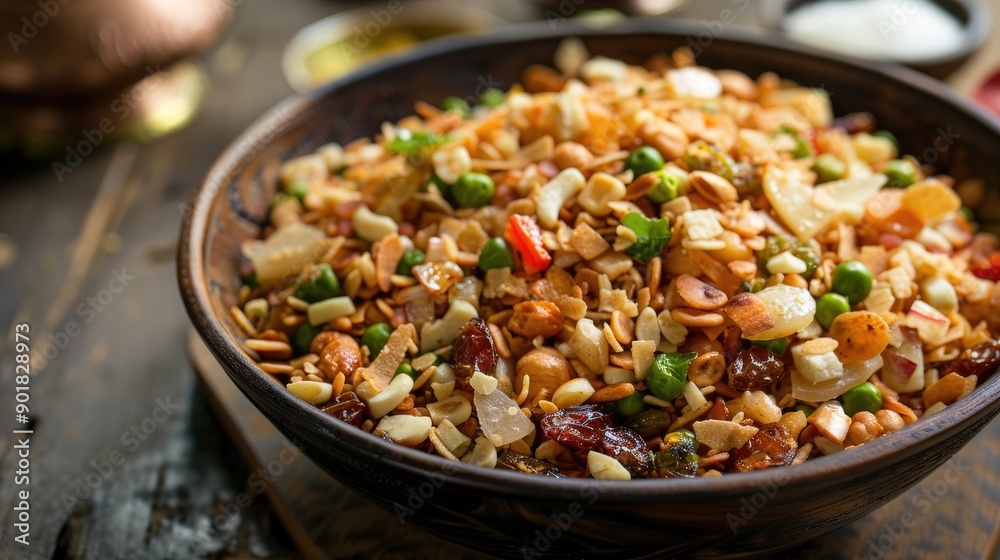 Indian style deep fried snack Falahari Chivda Chewda or mixture namkeen with dry fruits