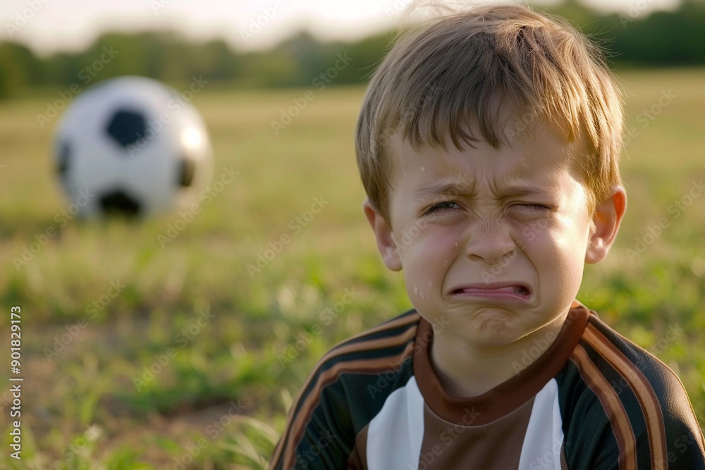 Child playing soccer and crying after losing Child playing soccer and crying after losing