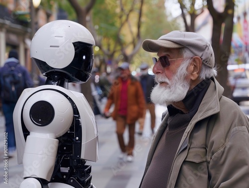 La questione degli anziani espressa da un robot umanoide che si confronta con un anziano per strada photo