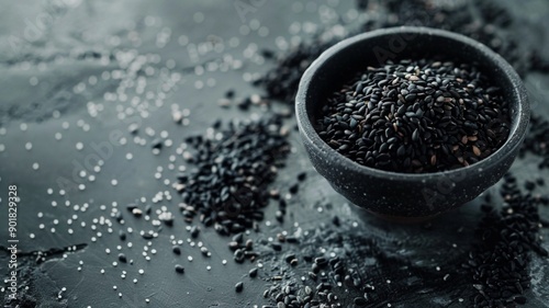 Close-up black sesame seeds in wooden spoon on black sesame seed background 