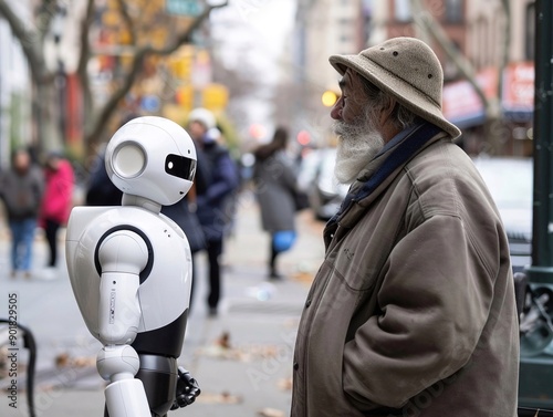 Un robot umanoide parla con un anziano per strada photo