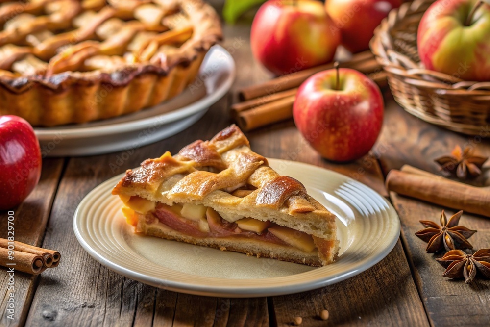 Slice of apple pie on a plate with apples and cinnamon sticks in the background. Cozy autumn dessert scene Slice of apple pie on a plate with apples and cinnamon sticks in the background. Cozy autumn dessert scene