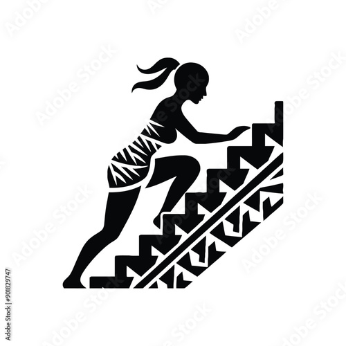 Stair climbing exercise female player with ethnic polynesia pattern illustration, emblem shield badge