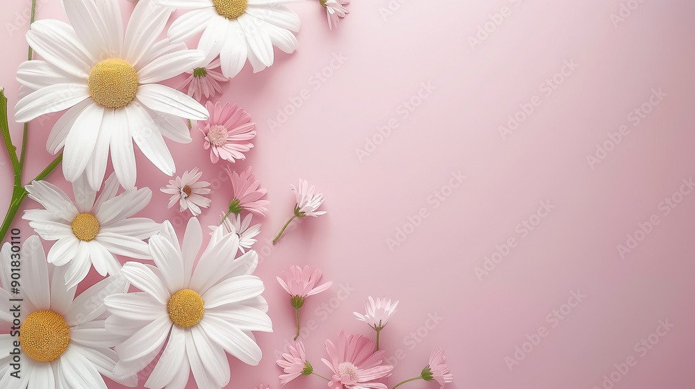 Chamomile flowers on a vibrant pink background with space for text. Greeting card or invitation wedding, birthday, party Chamomile flowers on a vibrant pink background with space for text. Greeting card or invitation wedding, birthday, party
