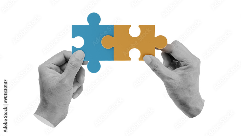 Hands combine puzzle pieces. Art collage, 3D render Hands combine puzzle pieces. Art collage, 3D render