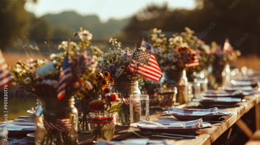 Rustic Outdoor Dinner Table Setting with American Flags at Golden Hour Rustic Outdoor Dinner Table Setting with American Flags at Golden Hour