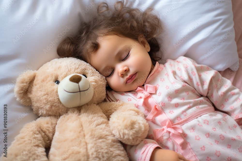 Toddler girl with dark hair in shirt sleeps sweetly in company of best friend teddy bear seeing pleasant dreams. Little girl has sweet dreams in bed with favorite toy small teddy bear Toddler girl with dark hair in shirt sleeps sweetly in company of best friend teddy bear seeing pleasant dreams. Little girl has sweet dreams in bed with favorite toy small teddy bear