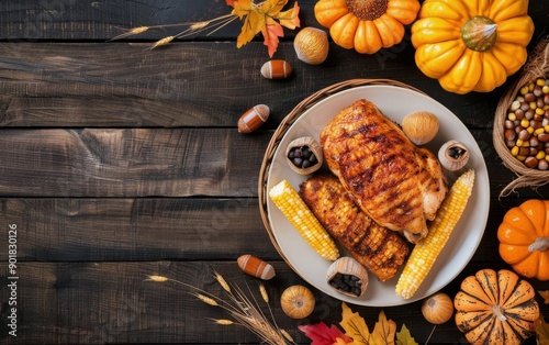 Roasted Chicken With Corn and Pumpkins on a Dark Wooden Table