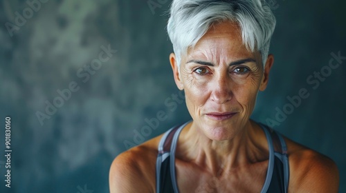 Signora di mezza età si allena in palestra photo