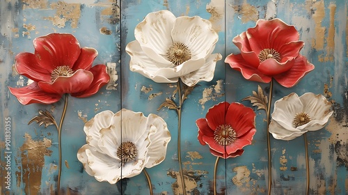 Triptych floral wall art set, 3d red and white flowers with blue Background