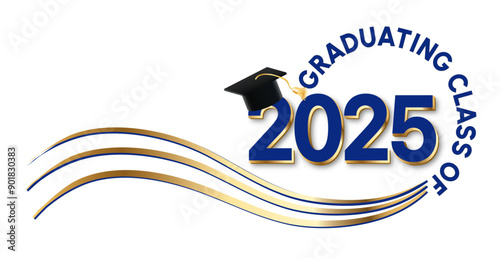 White background - Graduating Class of 2025 in blue text in a circle around the year. 2025 is in royal blue text. A graduation cap with a gold tassel sits on top of the year. Wavy golden lines accent.