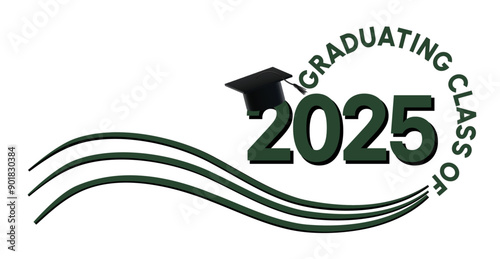 White background - Graduating Class of 2025 in green text in a circle around the year. 2025 in dark green text. A Graduation cap with a black tassel sits on top of the year. Wavy green lines accent.