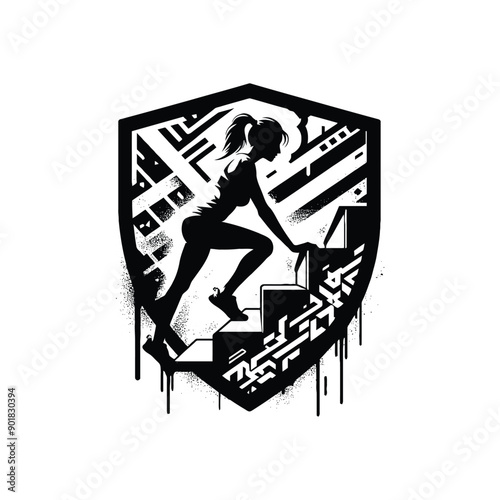 Stair climbing exercise female player with graffiti tags, street art pattern illustration, emblem shield badge