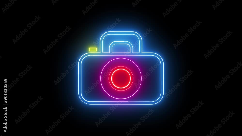 Dynamic Camera Icon Animation Featuring a Travel Theme and Radiant Neon Glow Lines Ideal for Digital Content and Advertising Campaigns Dynamic Camera Icon Animation Featuring a Travel Theme and Radiant Neon Glow Lines Ideal for Digital Content and Advertising Campaigns