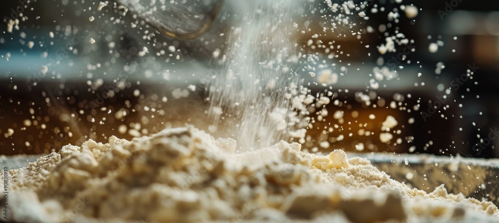 Close-Up Action of Flour Sifting Over Cake Batter - Perfect for Baking and Food Blog Designs Close-Up Action of Flour Sifting Over Cake Batter - Perfect for Baking and Food Blog Designs
