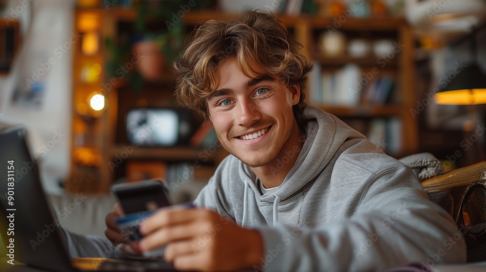 Young Man Smiling While Working on Laptop and Using Phone at Home Young Man Smiling While Working on Laptop and Using Phone at Home