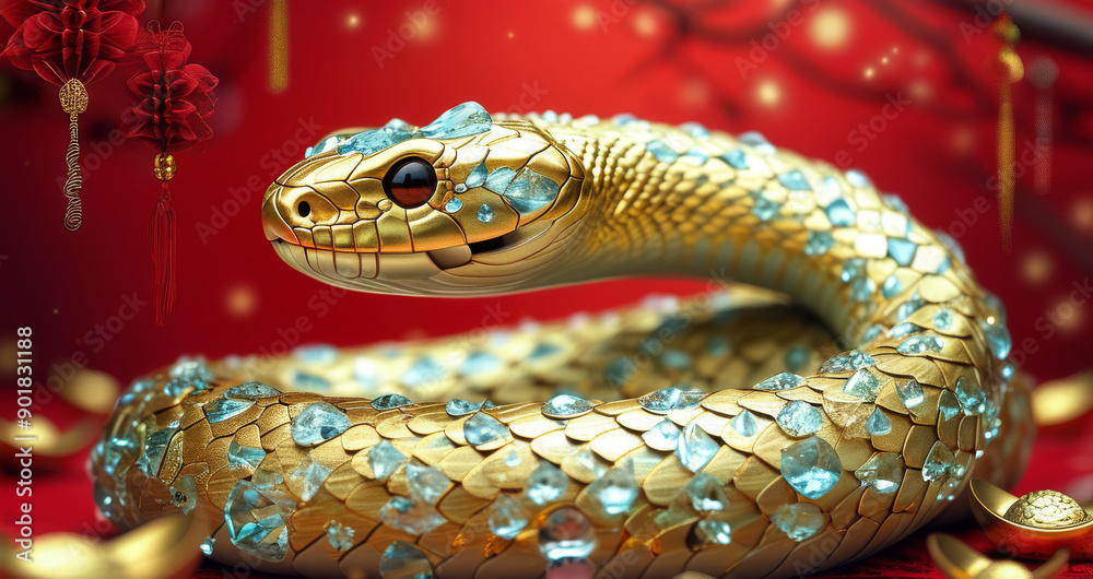 golden crystal snake on red background, lunar new year 2025 golden crystal snake on red background, lunar new year 2025
