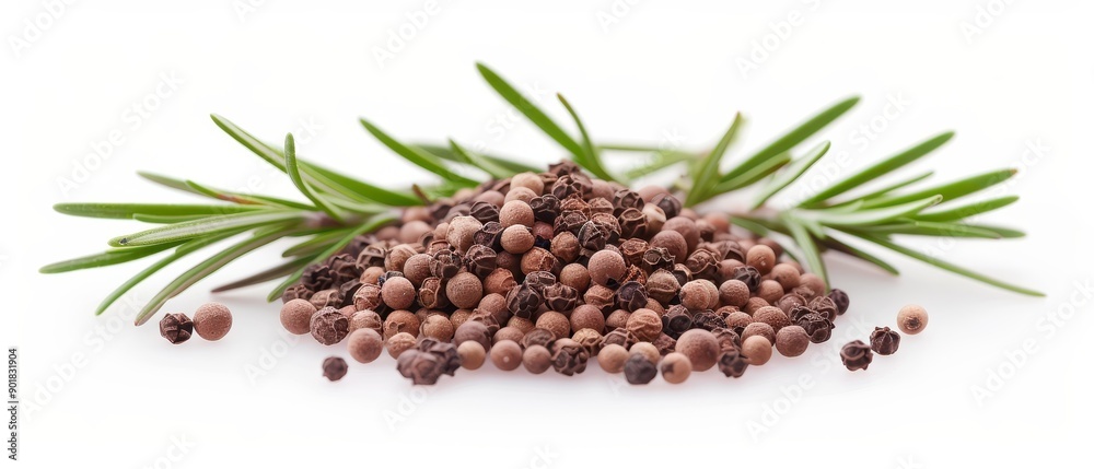 A bunch of black and red pepper flakes are scattered on a white background