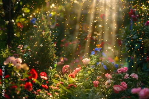 A sunlit garden bursting with colorful blooms, the background subtly blurred to create an enchanting holiday atmosphere.