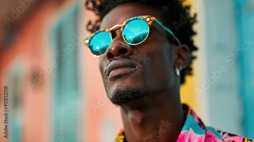 A fashionable individual wearing a colorful pink floral jacket and reflective sunglasses stands outdoors, with a colorful background, exuding confidence and modern style. photo