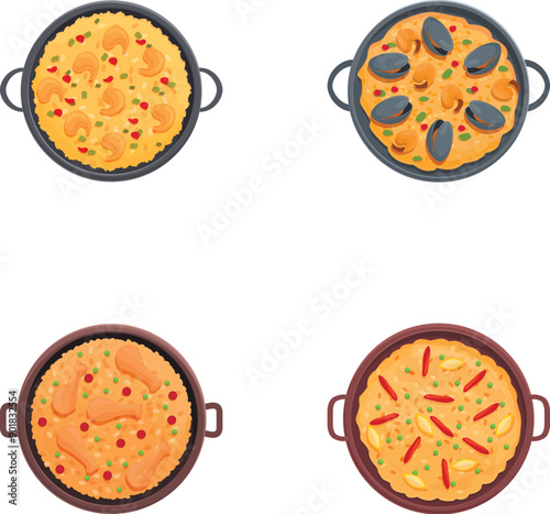 Paella dish icons set cartoon vector. Various paella with seafood. Traditional spanish food