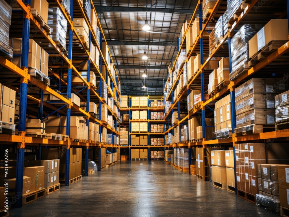 A modern warehouse filled with tall shelves and organized storage representing efficiency and order A modern warehouse filled with tall shelves and organized storage representing efficiency and order