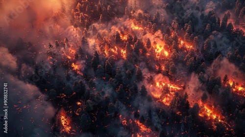 Dramatic from above view of burning forest at night background wallpaper AI generated image