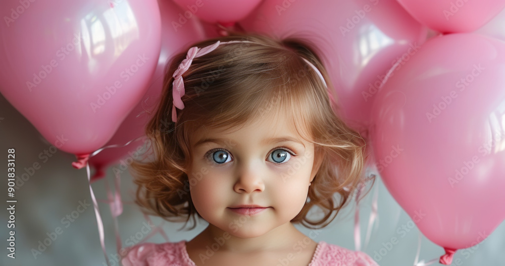 Obraz premium Portrait of a Little Girl with Innocent Eyes and Pink Balloons