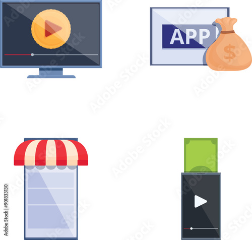 Online monetization icons set cartoon vector. Way to make money online. Modern technology