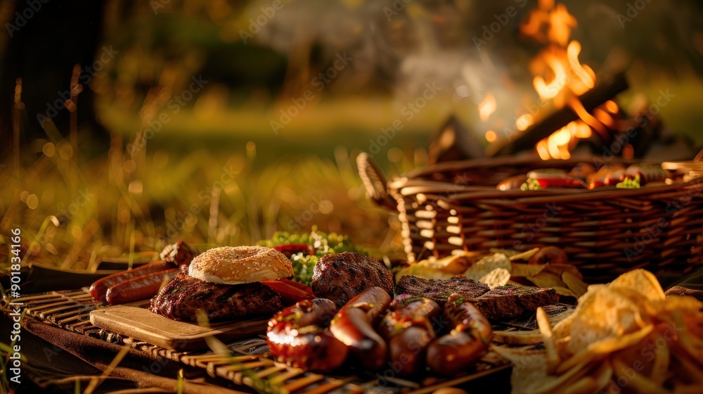 Close-up of grilled meat, sausages, and chips with a fire in the background. Close-up of grilled meat, sausages, and chips with a fire in the background.