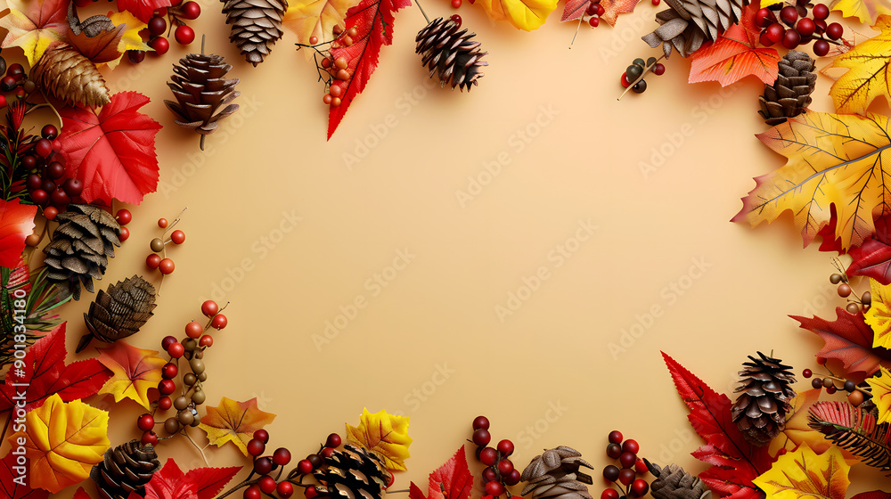 Frame of colorful red and yellow autumn leaves with cones and rowan berries on trendy beige background. First day of school, back to school, fall concept Frame of colorful red and yellow autumn leaves with cones and rowan berries on trendy beige background. First day of school, back to school, fall concept