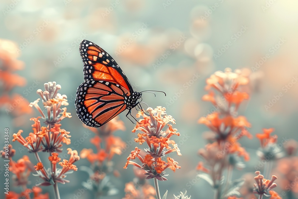 A butterfly is flying over a field of flowers A butterfly is flying over a field of flowers