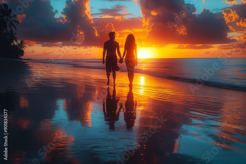 Couple Walking Hand in Hand Along the Sandy Beach at Sunset