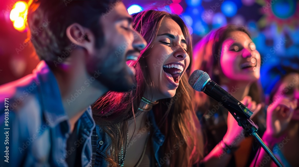 Group of colleagues having fun at a karaoke night, singing and laughing Group of colleagues having fun at a karaoke night, singing and laughing
