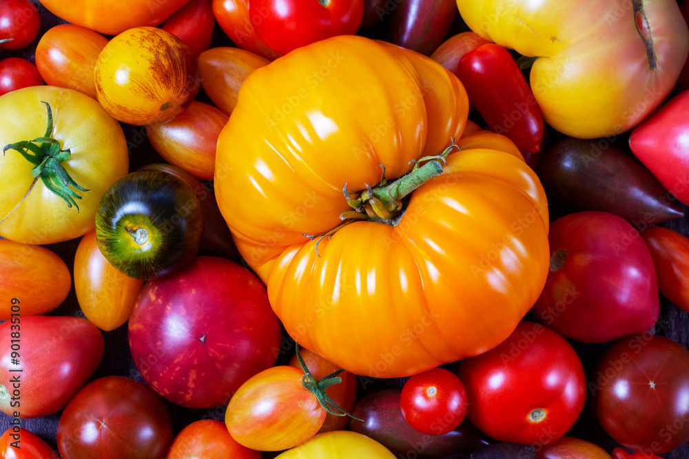 Tomatoes of various varieties and sizes on an iron tray on a wooden table.