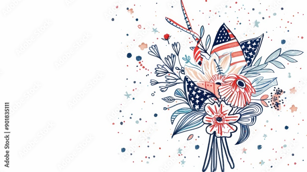 Obraz premium Patriotic Floral Bouquet with American Flags - Celebratory Illustration
