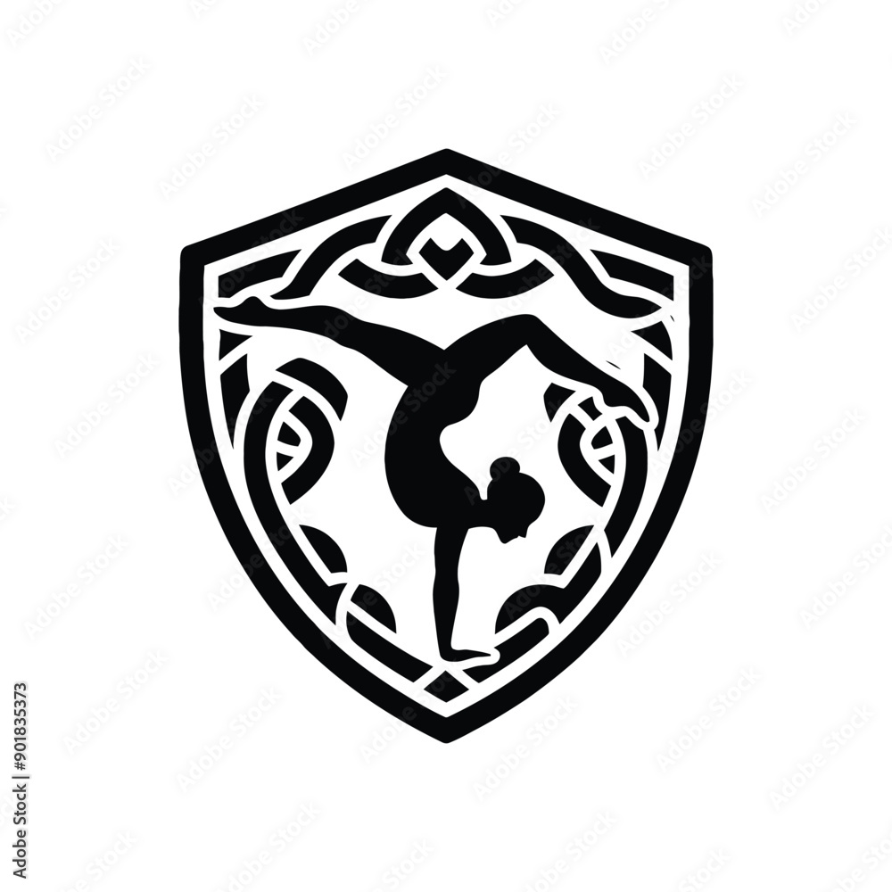 Tumbling sport female player with celtic knot, nordic pattern illustration, emblem shield badge