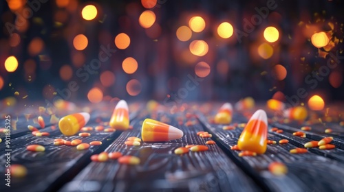 Candy corn on rustic wood with bokeh lights.