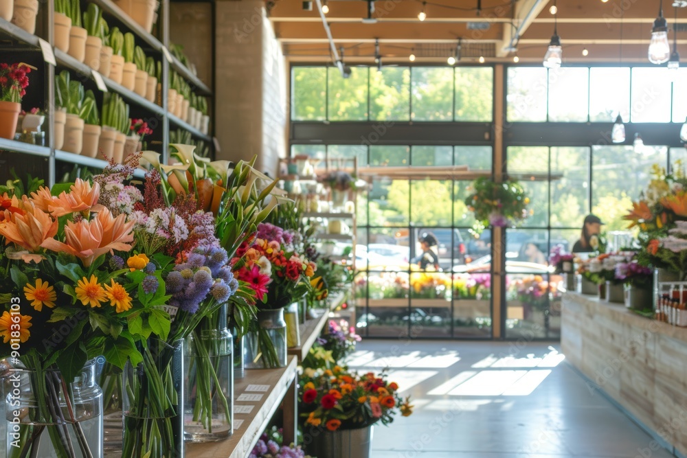 Bright and Airy Flower Shop Interior with Sunlit Windows and Colorful Floral Displays for Spring Décor