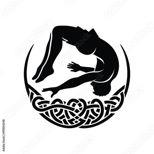Tumbling sport male player with celtic knot, nordic pattern illustration, emblem shield badge