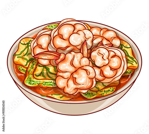 Thai kaeng som illustration vector. Thai sour curry soup with shrimp and climbing wattle omelette (Cha-om) Spicy sour thai shrimp and fried egg with climbing wattle soup. Shrimp sour curry (Thai food)